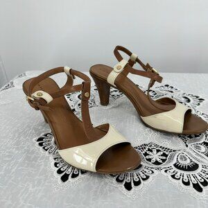 Tahari Women's Brown & Cream Open toe Sandals Heels Leather Size 7.5